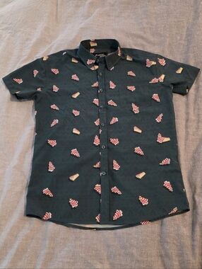 Boys Dark Green Short-Sleeve Button-Down Shirt with Tree Pastry Print